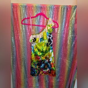 Ardeb B one shoulder rainbow bright flower floral dress